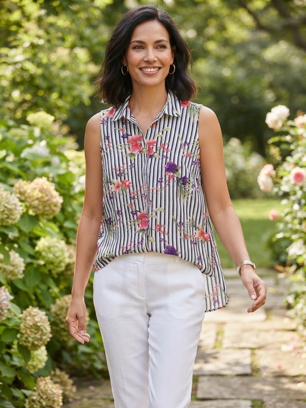 Chico's Black White Stripe Floral Sleeveless Button Down Blouse Size 2 Large
